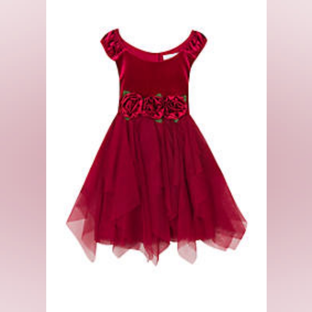 Girls Rare Editions Holiday Dress Size 5 velvet top. Ribbon Roses. Christmas